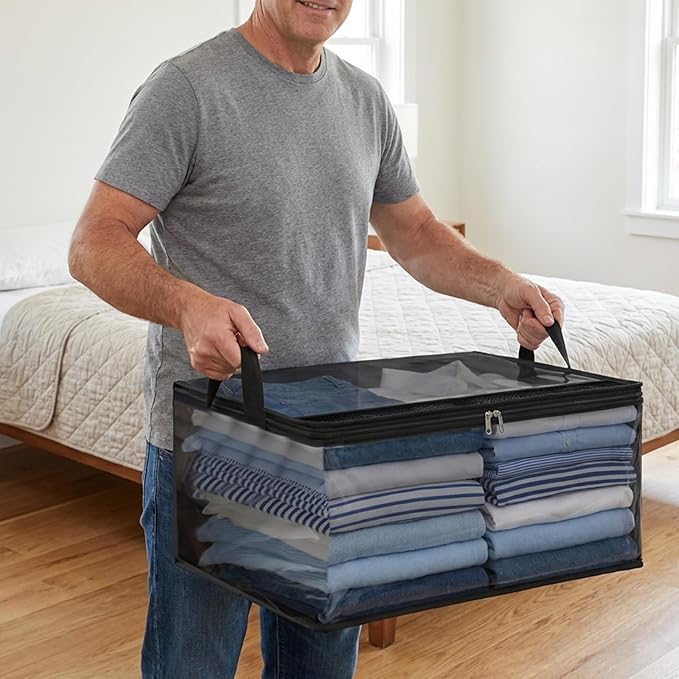 Fixwal 80L Large Storage Bags 4 Pack Clothes Storage Bins Foldable Thick Blanket Storage Closet Organizers Storage Containers with Reinforced Handle for Clothing, Blanket, Comforters(Black, PVC)