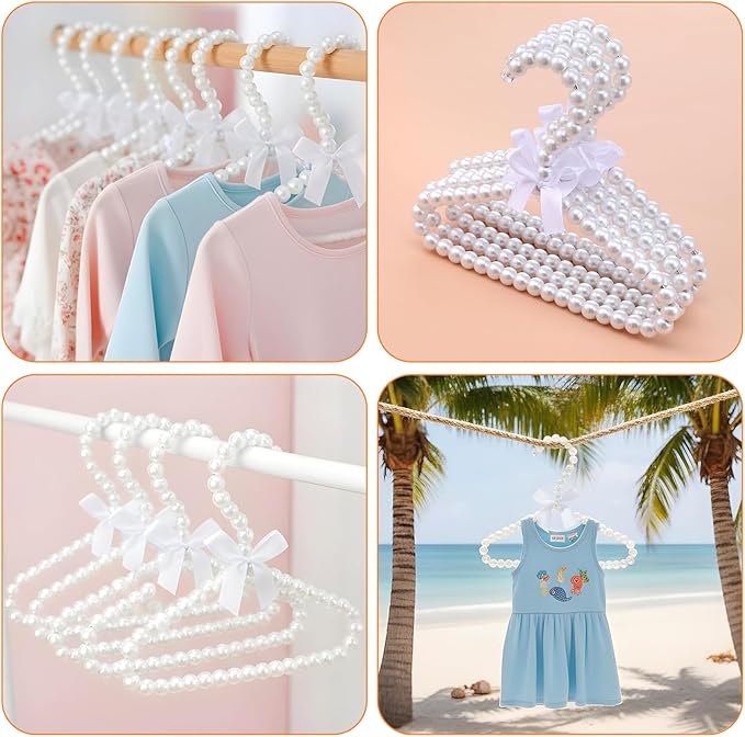 10Pcs Pearl Beaded Clothes Hangers, Mini Pearl Beads Small Metal Clothes Hangers with Ribbon, Elegant Standard Hanger for Women Dog Cat (White)
