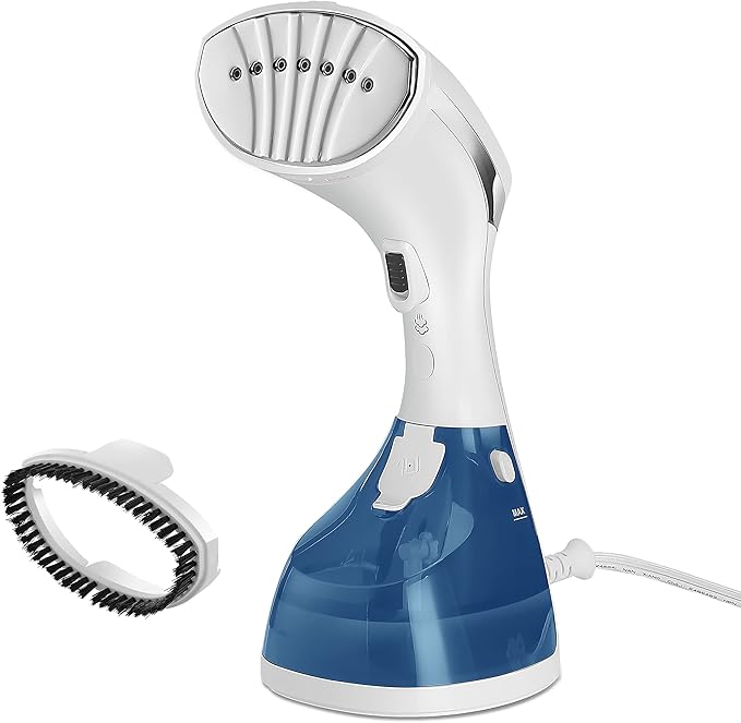 Sunbeam 1200W Power Steam Handheld Steamer for Clothes, Extra Burst of Steam Feature, 30-Second Fast Heat-Up, Bristle Brush Attachment, White and Blue Finish