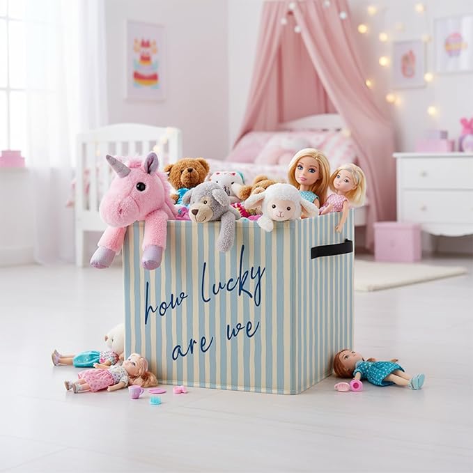 Blue Preppy Inspirational Storage Bin Box with Handles, How Lucky Are We Trendy Striped Foldable Baskets Organizer for Girls Bedroom Bathroom Clothes Toys Books, Toybox for Girls