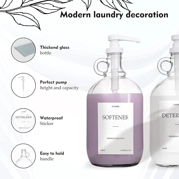 4 Pcs Glass Liquid Laundry Detergent Dispenser, Half Gallon Laundry Soap Dispenser for Laundry Room (64 oz. Each), Laundry Detergent Bottles with Pump Dispenser -Includes Labels, Funnel, Measuring Cup