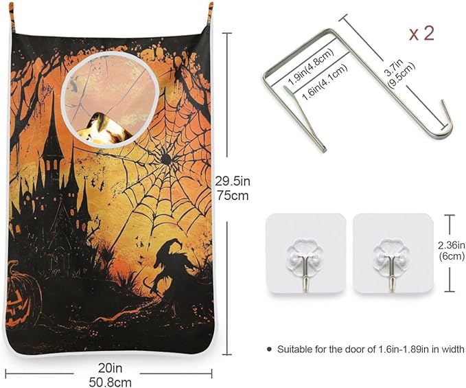 Witch Castle Halloween Door Hanging Laundry Hamper Bag with Free Adjustable Stainless Steel Hooks Dirty Clothes Hamper Extra Large Over the Door Laundry Hamper 29.5X20inch 2Pack