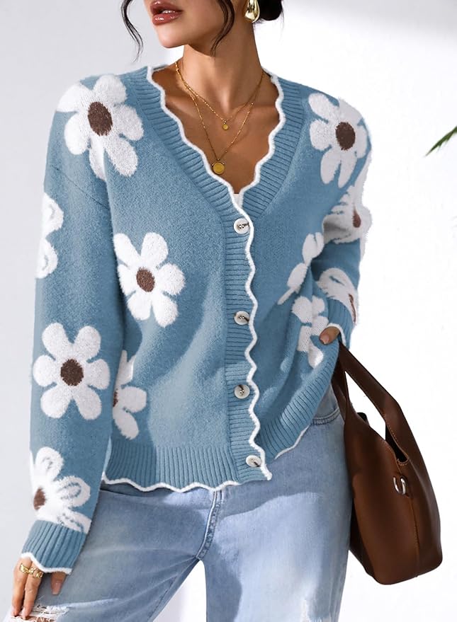 Pink Queen Fuzzy Sweater Cardigan for Women 2025 Fashion Long Sleeve Flower Outerwear Button Down Open Front Cardigan Coat