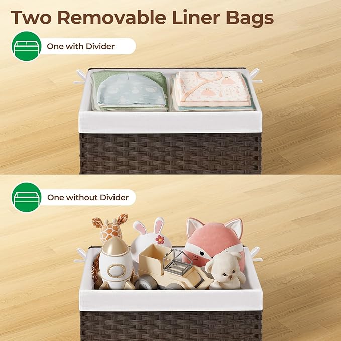 GREENSTELL Storage Basket with Lid, 17.2 Gallon(65L) Small Wicker Blanket Storage Basket with Handles, Foldable, 2 Removable Liner Bags, Metal Frame, for Bedroom, Laundry Room, Brown,22.2"*13.4"*13.4"