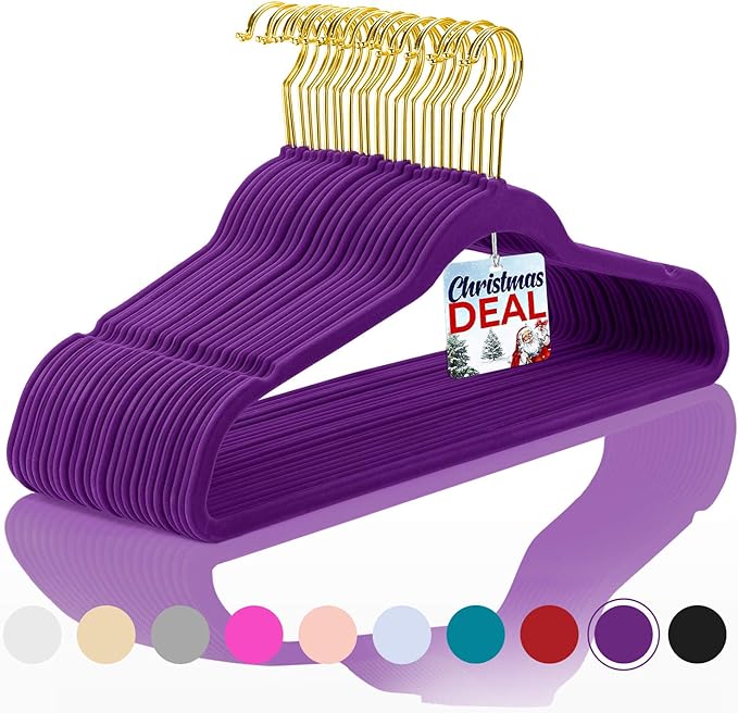 MIZGI Premium Velvet Hangers Pack 50 Pcs Heavyduty - Non Slip Slimline - Velvet Suit Hangers Dark Purple - Gold Hooks,Space Saving Clothes Hanger