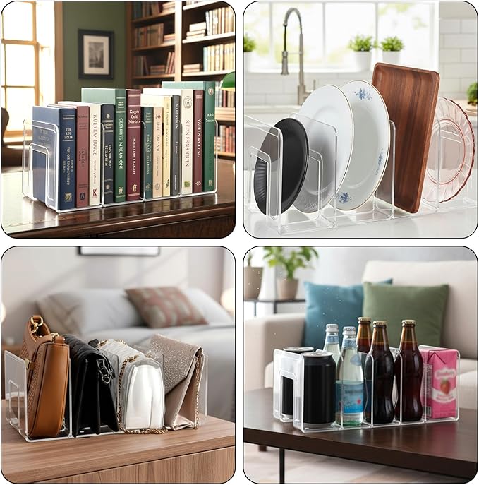4PCS Plastic Purse Organizer for Closet Clear Acrylic Handbag Storage Shelf Dividers for Closet Bedroom Bathroom Kitchen Office Study Handbags Clutches Clothes Sweater Towel Book Organization