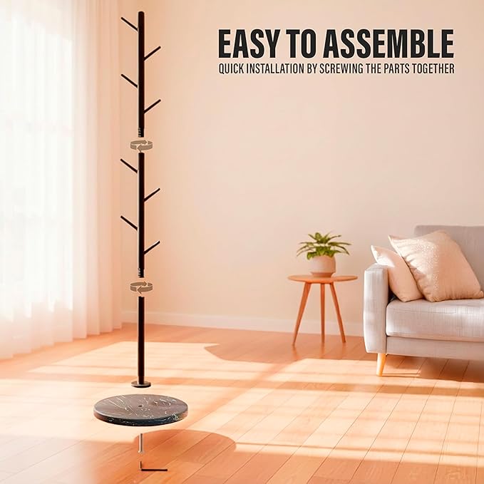 Coat Rack Freestanding Metal Clothing Rack – Modern Clothes Organizer with 8 Coat Hooks – Space-Saving Hall Tree for Entryway, Bedroom, Office – Sturdy Minimalist Coat Hanger & Garment Rack (Black)