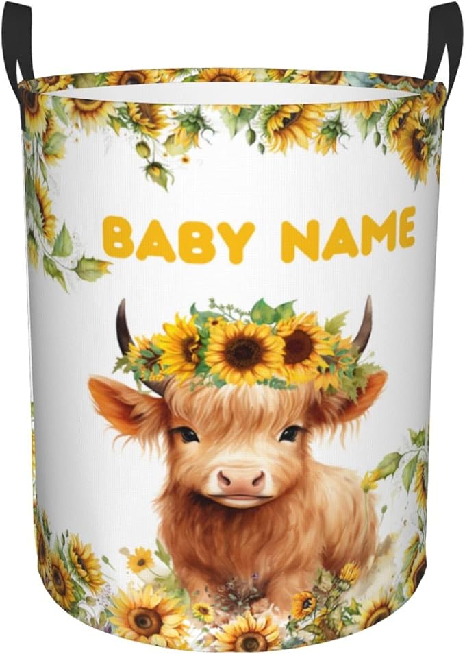 Personalized Cow Sunflower Laundry Basket For Baby Kids Boys Girls Adult Custom Hamper Basket With Name For Bathroom Bedrooms Collapsible Baby Laundry Basket, Dirty Clothes Hamper With Handles