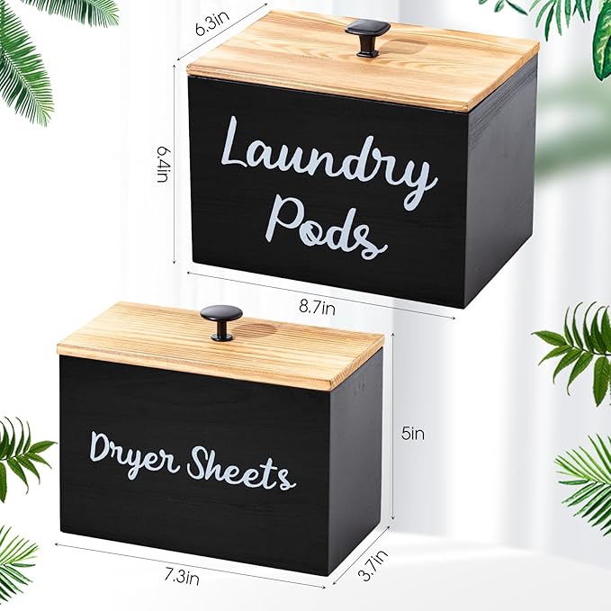 Dandat 2 Pcs Wood Rustic Laundry Dryer Sheet Holder Pod Container with Lid 8.7 x 6.3 x 6.4 Inch Laundry Pod Holder 7.3 x 3.7 x 5 Inch Dryer Sheet Dispenser Wooden Box Container(Black)