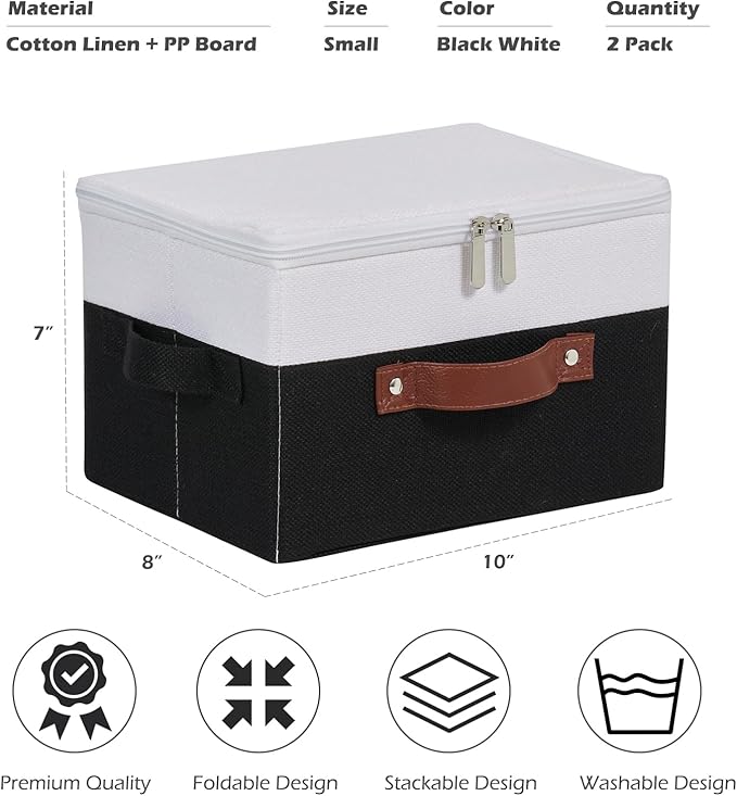 2 Pack Storage Boxes with Zipper Lid Cotton Linen Fabric Lidded Storage Bins Baskets Foldable Washable Closet Shelf Clothes Organizer Container Faux Leather Handles (Black White, Small)