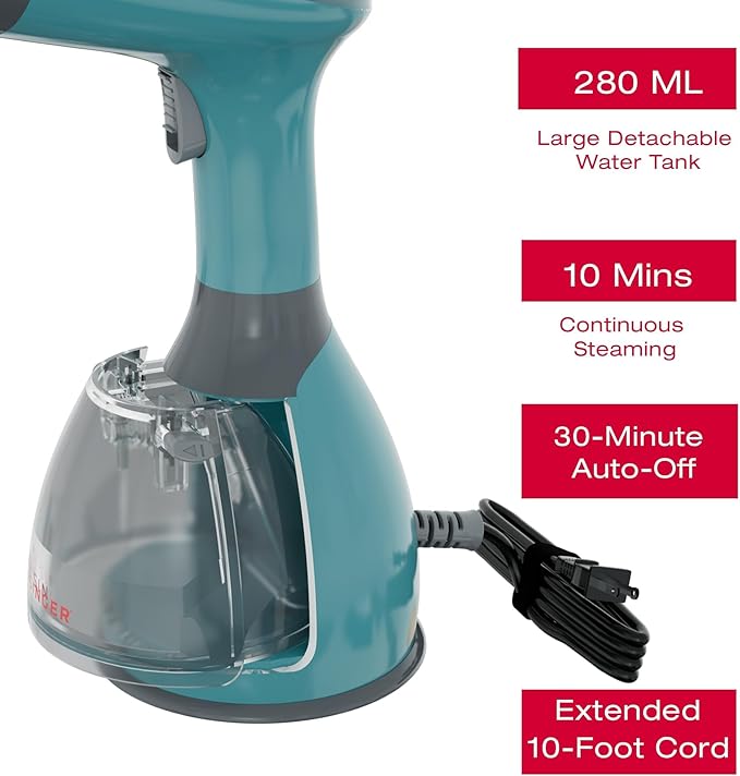 SINGER Handheld Garment Steamer | 1500W Powerful Steam | 20s Fast Heat-Up | 280ML Detachable Tank | Auto Shut-Off | Professional Wrinkle Remover for Clothes, Curtains & Upholstery