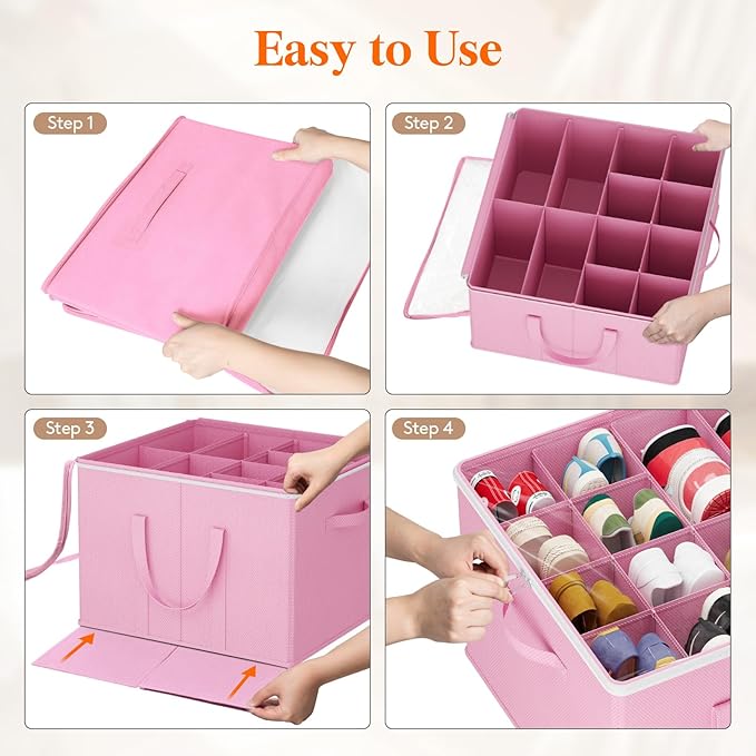 Lifewit Shoe Storage Organizer for Closet, Fabric Large Shoe Box Storage Containers with Clear Cover, Foldable Bins for Boots Heels Sneakers Fits 36-48 Pairs (Each 12-16 Pairs) 3 Pack Pink