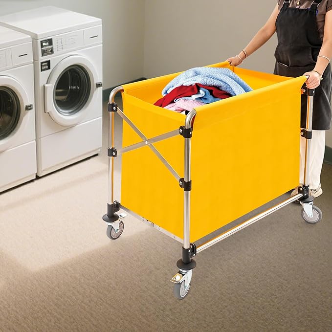 Commercial Laundry Cart with Wheels, 440lbs Folding Laundry Cart, Rolling Laundry Basket with Oxford Cloth Hamper, 34.25 * 20.47 * 30.7in for Home, Dorm, Hotel, and Commercial Use (Yellow)