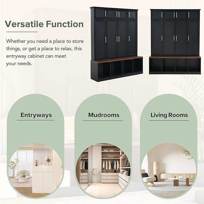 Multi-Functional Hall Tree with 4 Hidden Hanging Hooks, Brown Wood Grain Bench with Multiple Storage Space, Entryway Cabinet with Open Compartments for Living Room, Hallway (Black-15.6)