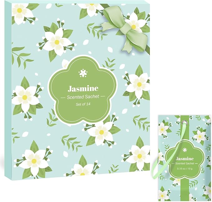 SCENTORINI Scented Sachets for Drawers and Closets, Jasmine Scent 14 Pack, Long-Lasting Sachets Bags Wardrobe Freshener for Cupboard, Shoecase, Gym Bags, Suitcases