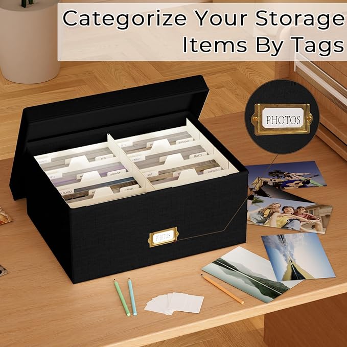 Decorative Photo Storage Box - Linen Photo Box Organizer with Dividers, Fits Holds Up to 1700 Pictures and 5x7 Photos, Memory Keepsake Organizer for Photos, Scrapbook Supplies, Cards, Stamps (Black)