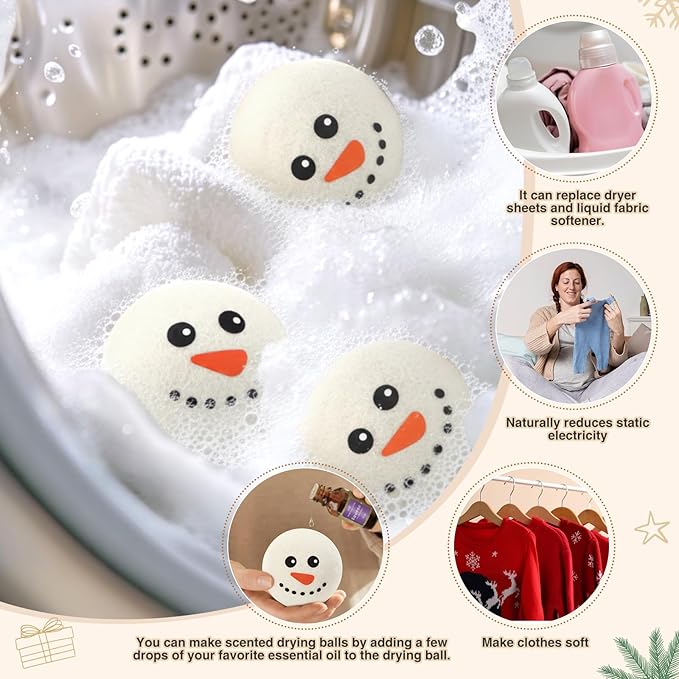 Jenaai 6 Pcs Wool Dryer Balls Bulk Cute Organic XL Wool Dryer Laundry Balls Natural Soft Fabric Softener Anti Static Fabric Softener Alternative for Laundry Clothes(Snowman Face)
