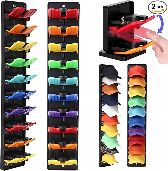 2-Pack Wall Hat Rack, No Drill Damage-Free Organizer with Spring-Loaded Clips, Strong Adhesive & Screw Installation, Easy to Install Space-Saving Holder for Door Closet Entryway, Holds 20 Hats Tidy