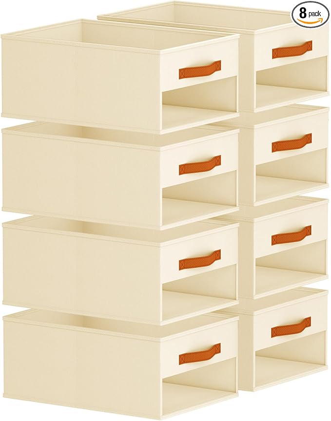 Drawer Organizers and Storage - 8 Pack Foldable Pants Organizer with Clear Window & Handles, Fabric Closet Organizer for Clothes, Jeans, Sweaters, Towels, T-shirt, Scarf (Beige)