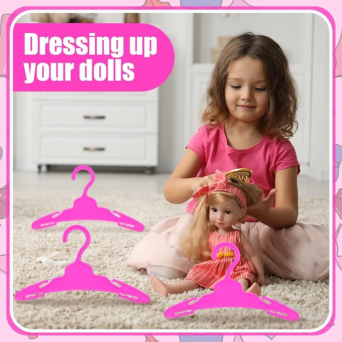 Soulchen 100 Pcs Doll Clothes Hangers for 18 Inch Dolls, Plastic Clothes Hangers with Non-Slip Clips, Space-Saving Wardrobe Accessories for Gown Dress Outfit (Rose Red)