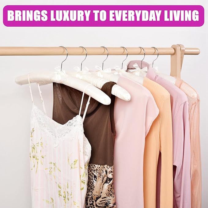 Amber Home 10 Pack 17 Inch Large Ivory Satin Padded Hangers for Women Clothing, Anti Slip Cushioned for Sweaters, Silk Fancy Dress for Wedding, Delicate Cashmere