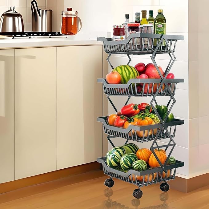 Rolling Utility Cart, Foldable Metal Shelf Organizer with Locking Wheels, Multi-Purpose Storage Rack for Kitchen, Office, Laundry, 14.17" L x 10.71" W x 29.5" H Black 4 Tiers