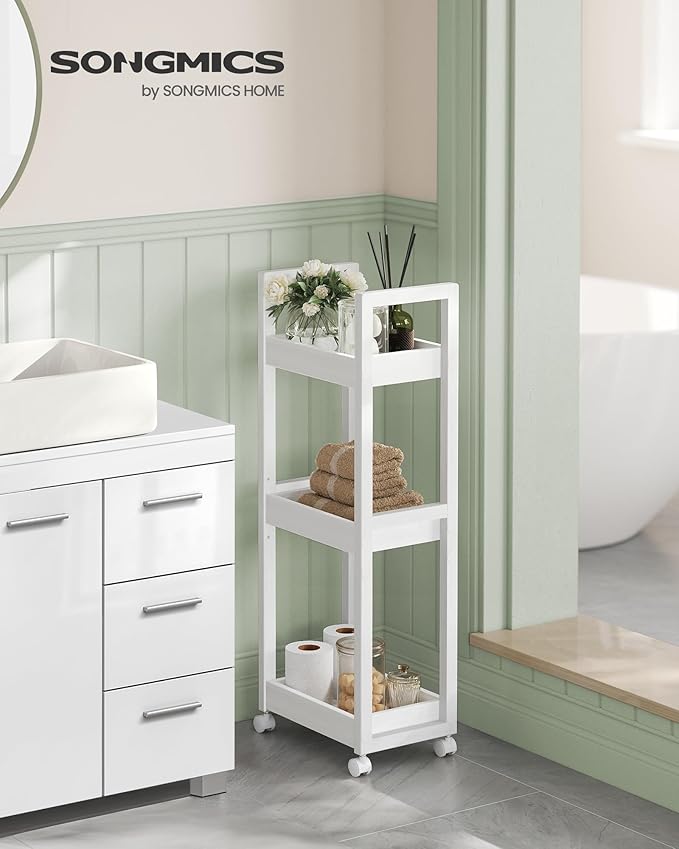 SONGMICS Bamboo Rolling Cart, 3-Tier Utility Cart on Wheels, Slim Narrow Storage Shelf, Bamboo Shelves, Space-Saving, Multifunctional, for Bathroom, Kitchen, White UBCB083W01