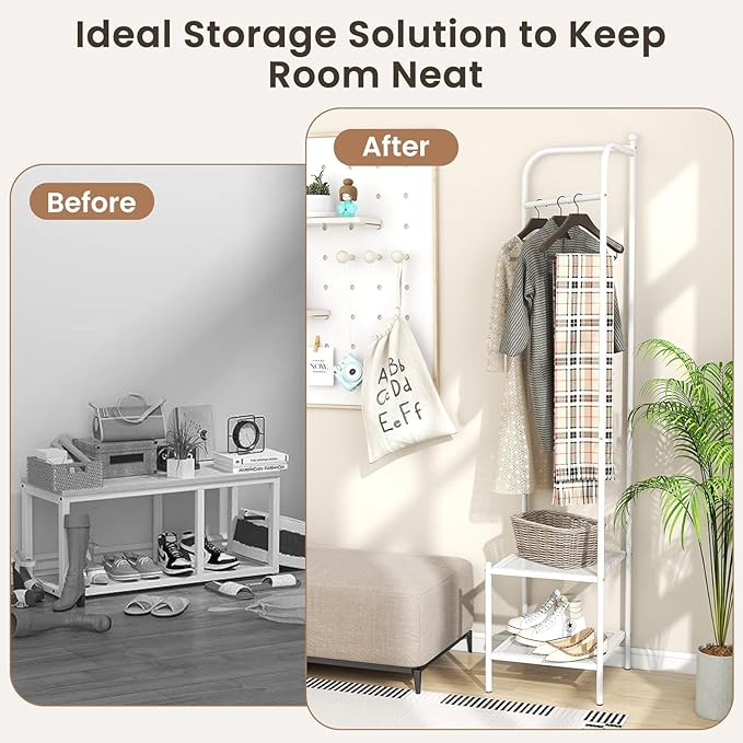 Tangkula Corner Coat Rack with Storage, Simple Hall Tree with Hanging Rod & 2 Mesh Shelves, Anti-toppling Devices, Freestanding Metal Clothes Rack Shoes Shelf Organizer for Entryway Bedroom (White)