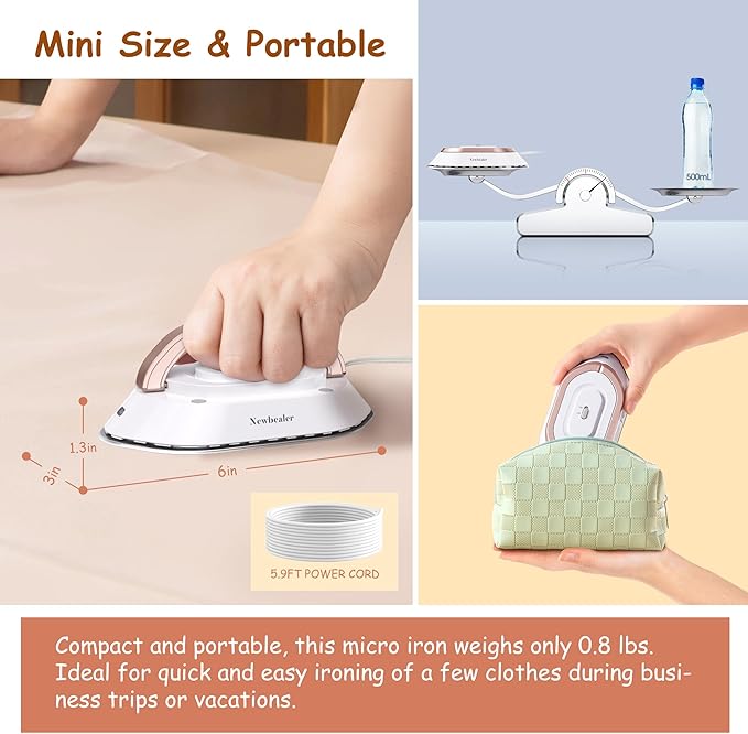 Newbealer Handheld Steamer bundle with Travel Iron for Clothes, Dual Voltage, Powerful Steamer and Dry Iron, Idea Gift