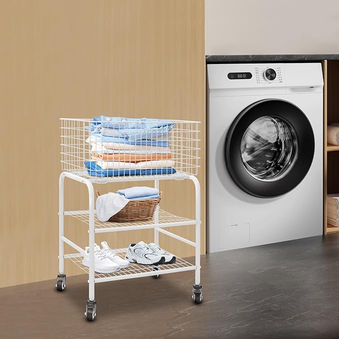 Wire Rolling Laundry Baskets with Wheels, 3 Tier Garment Storage Cart, Commercial Wire Laundry Cart, 66lbs Load Capacity, Garment Metal Rack for Clothes Wash and Dry Sort (White)