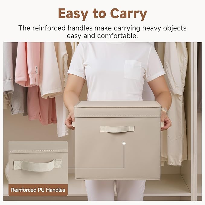 StorageWorks Storage Boxes with Lid, Collapsible Storage Bins with Handles, Stackable Closet Organizers for Shelves, and Bedroom, 15" x11¼x12½, Light Brown, 2-Pack