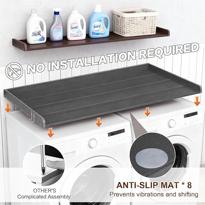 Washer Dryer Countertop, HDPE Laundry Countertop with Edge Rails, No-Installation-Grey
