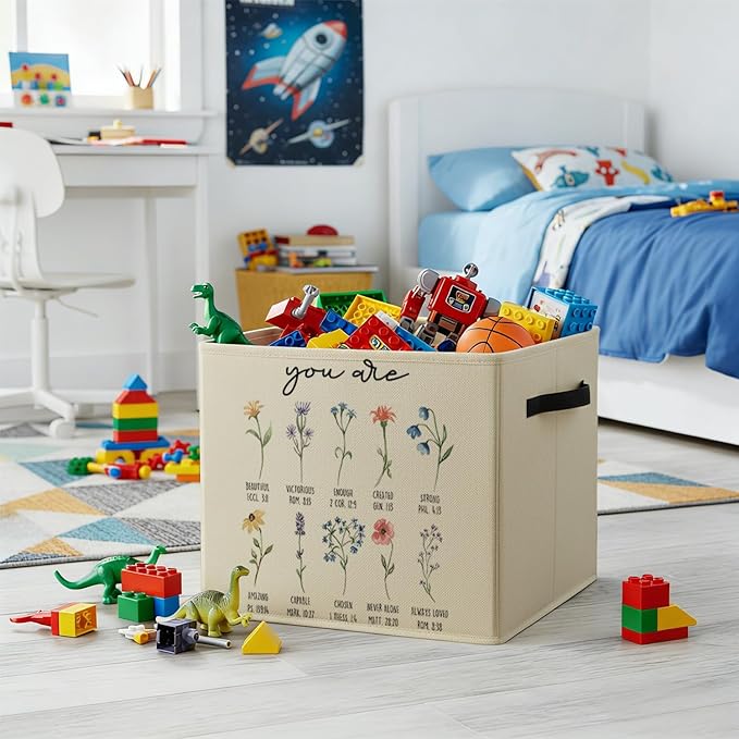 Christian Floral Storage Bin Box with Handles, Inspirational You Are Bible Verse Religious Foldable Baskets Organizer for Bedroom Bathroom Home Clothes Toys Books, Toybox for Girls