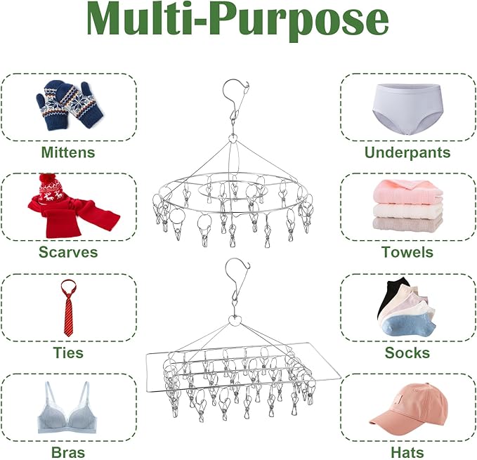 4 Pieces Stainless steel Hanging Drying Rack Two Kinds, Two of Each, Square and Round Stainless Steel with 30 Hooks, Space-Saving for Fresh and Aromatic and Clothes