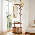 Solid Wood Coat Rack Clothes Rack, Coat Rack Freestanding with Storage Basket Heavy Duty Coat Tree for Entryway, Living room, Coat Hanger Stand for Hats, Bags Clothes