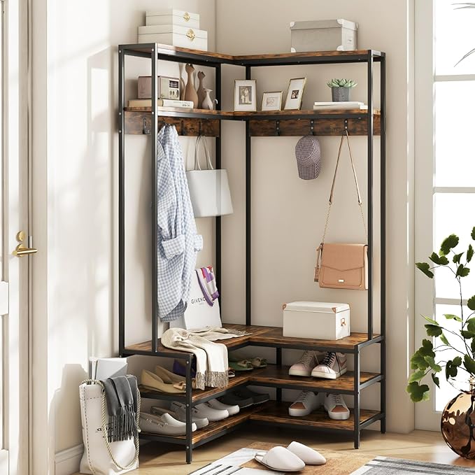 Giantex Corner Coat Rack with Shoe Bench, L-Shaped Garment Rack with 5 Shelves & 7 Hooks, Heavy Duty Freestanding Clothes Rack Entryway Bench with Shoes Organizer for Hallway (Rustic Brown & Black)