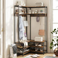 Giantex Corner Coat Rack with Shoe Bench, L-Shaped Garment Rack with 5 Shelves & 7 Hooks, Heavy Duty Freestanding Clothes Rack Entryway Bench with Shoes Organizer for Hallway (Rustic Brown & Black)
