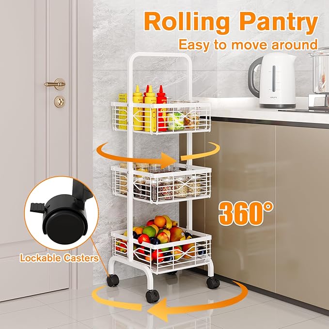 3 Tier Rolling Cart, Heavy Duty Metal Utility Cart with 4 Lockable Wheels & Handle, Multi-Purpose Storage Organizer for Kitchen, Bathroom, Laundry Room, Pantry, Office, Craft, Makeup (White)