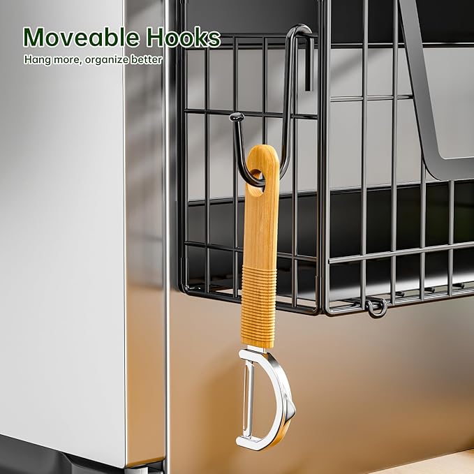 2 Pack Heavy Duty No Assembly Magnetic Basket, Large Capacity Collapsible Black Metal Wire Magnetic Shelf for Fridge Fruit Potato, Magnetic Laundry Organizer with S Hooks