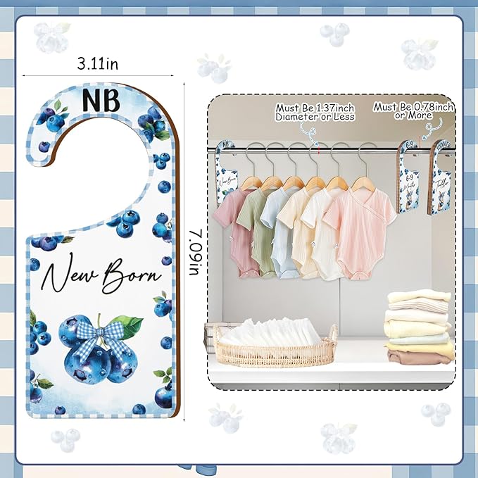 Baby Closet Dividers 8PCS, Blueberry Themed Wooden Double-Sided Clothes Size Hanger/Organizer from Newborn to Toddler for Nursery Decor Baby Shower Birthday Gender Reveal Party Gift