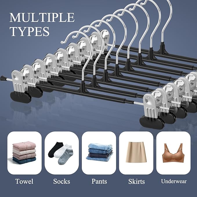 14Inch Clothes Pants Hangers with Wide Clips 50 Pack,Non-Slip Adjustable Skirt Hanger for Women,Space-Saving Heavy Duty Men Hangers for Pants,Trousers,Jeans,Shorts,Black