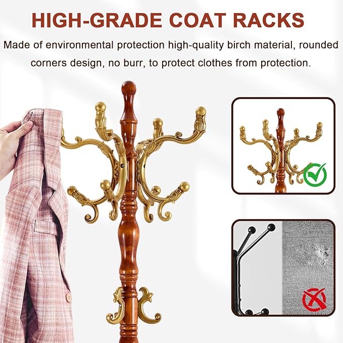 Coat Racks Freestanding, Natural Wood Coat Stands with 14 Hooks, 73" Heavy Duty Adjustable Height Vintage Hall Tree for Entryway, Bedroom, Office, Easy Assembly (Begonia Tray)