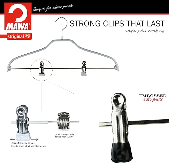 Mawa by Reston Lloyd Silhouette Series Non Slip Space Saving Hanger with Pant Clips, Style 40/FK,Set of 5, Silver