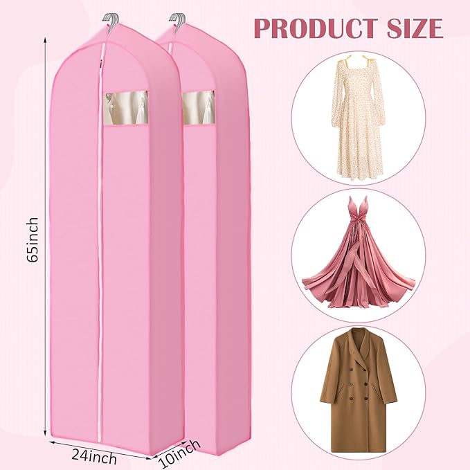2 Pcs 10" Gusseted Garment Bags for Hanging Clothes Dress Bags for Gowns Long Closet Waterproof Garment Covers Wedding Dress Cover Traveling Clothes Protector (Pink,65 Inch)