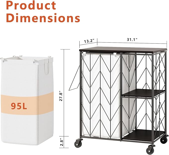 WOWLIVE Laundry Hamper with Lid, 95L Rolling Laundry Basket with Shelves, Iron-Made Laundry Cart with Wheels, Removable Liner, Laundry Room Organization, Bathroom, Black and White