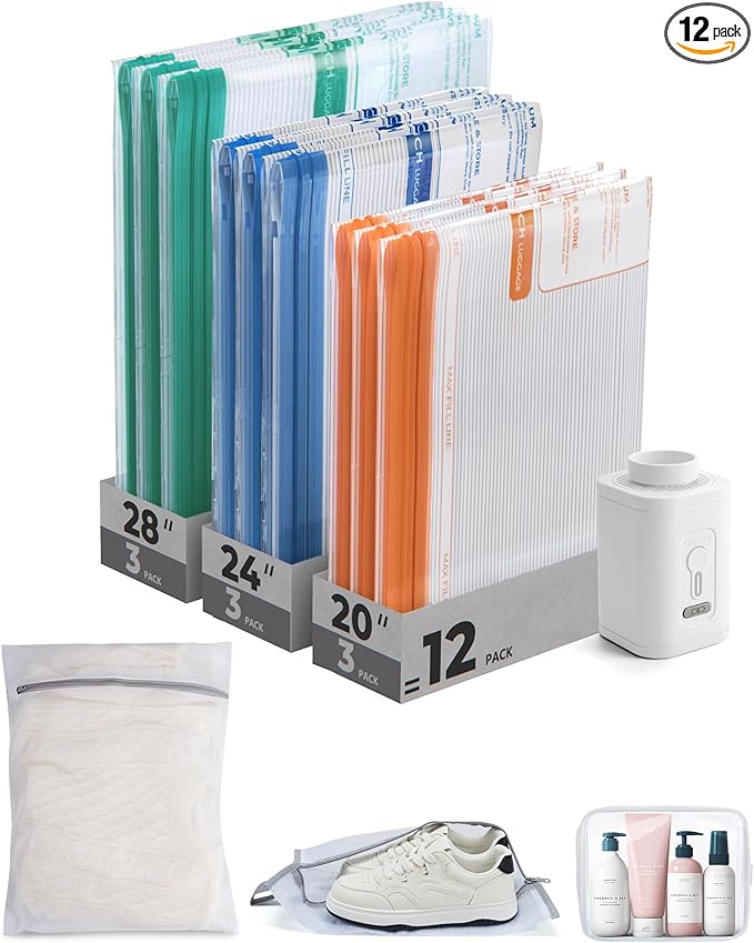 BAGSMART Vacuum Storage Bags for Travel with Rechargeable Air Pump, Portable Space Saver Bags for Travel & Home, Vacuum Compression Seal Bag for Clothing, Blanket, 12 Pack Multicolor