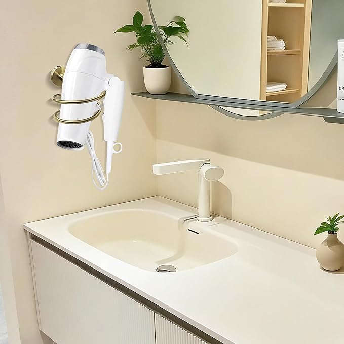 Wall Mounted Hair Dryer Holder,Bronze Finish Bathroom Hair Tool Organizer for Bathroom-Gold