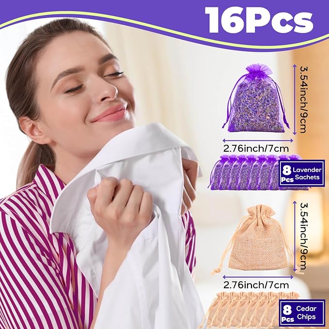 16 Pack Lavender Sachet Bags & Cedar Chips Set - 100% Natural Premium Dried Lavenders Flowers, Cedar Home Fragrance Sachets, Lavenders Sachets for Drawers, Closets, Storage