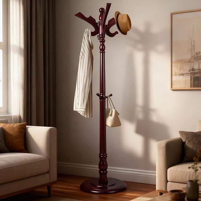 73" Wooden Freestanding Coat Rack，Easy to Adjust, Easy to Assemble for Children, Youth,Coat Rack Stand With Adults，18 Hooks and Round Solid Wood Base for Entrance Hallway Office (Flying Swallow)