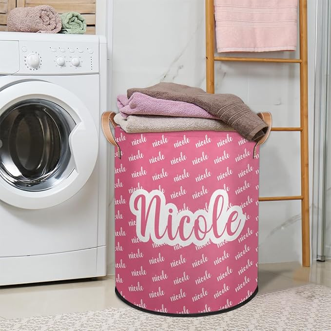 Custom Name Pink Laundry-Hamper, Personalized Kids-Clothes-Hamper Foldable with Name, Customized Storage Basket with Handles Waterproof Gift for Boys Girls Baby Women